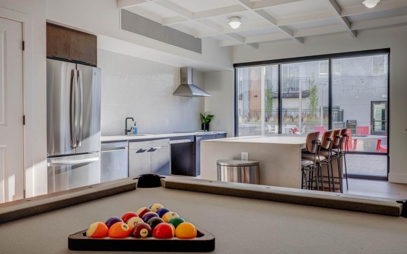 a kitchen with a bowl of fruit